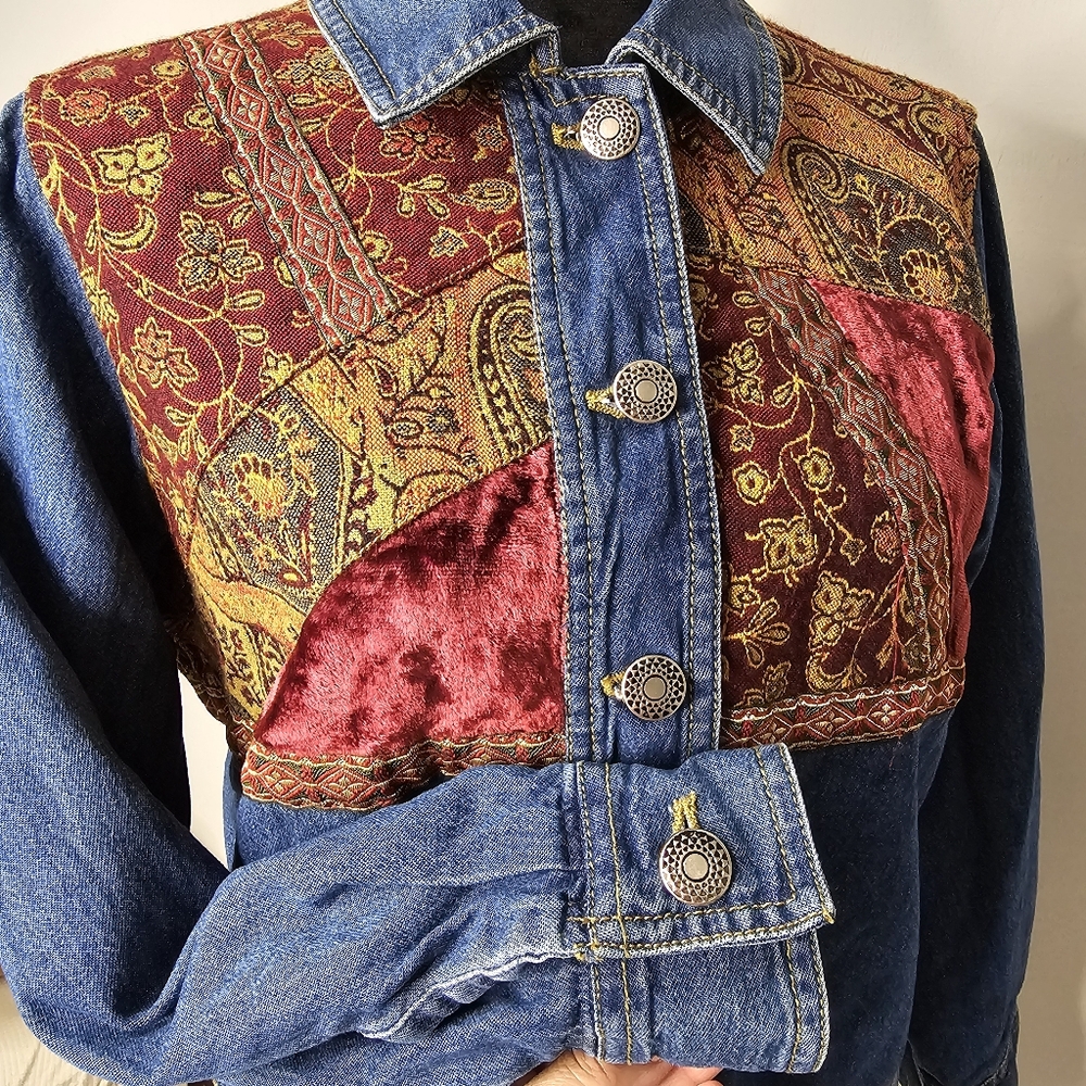 Vintage Studio Works Womens Jean Jacket Tapestry Velvet‎ Patchwork Petite S - Picture 11 of 11